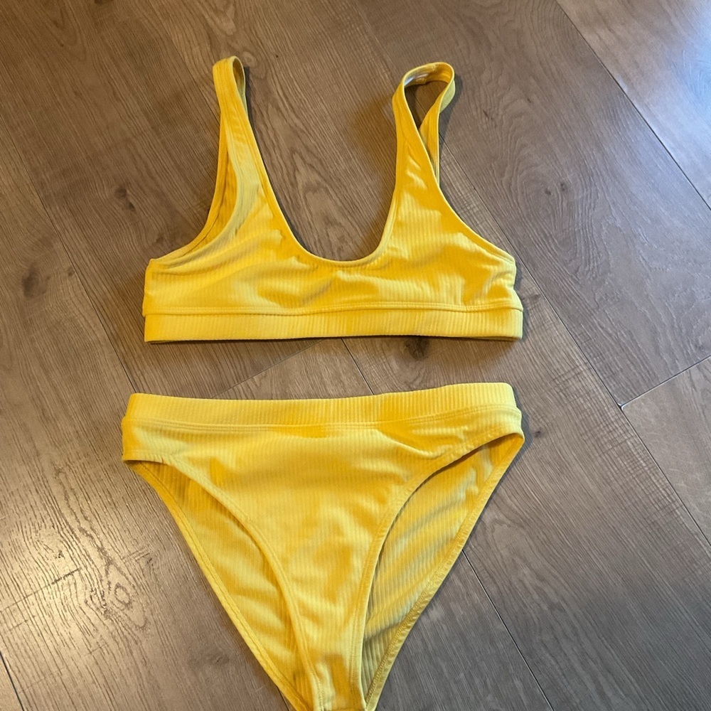 SHEIN Yellow Ribbed Bikini Set Two Piece Swimsuit Bright Summer Beachwear Set